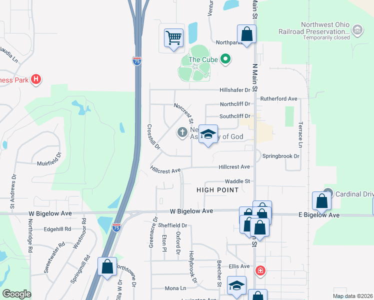 map of restaurants, bars, coffee shops, grocery stores, and more near 3121 Norcrest Street in Findlay