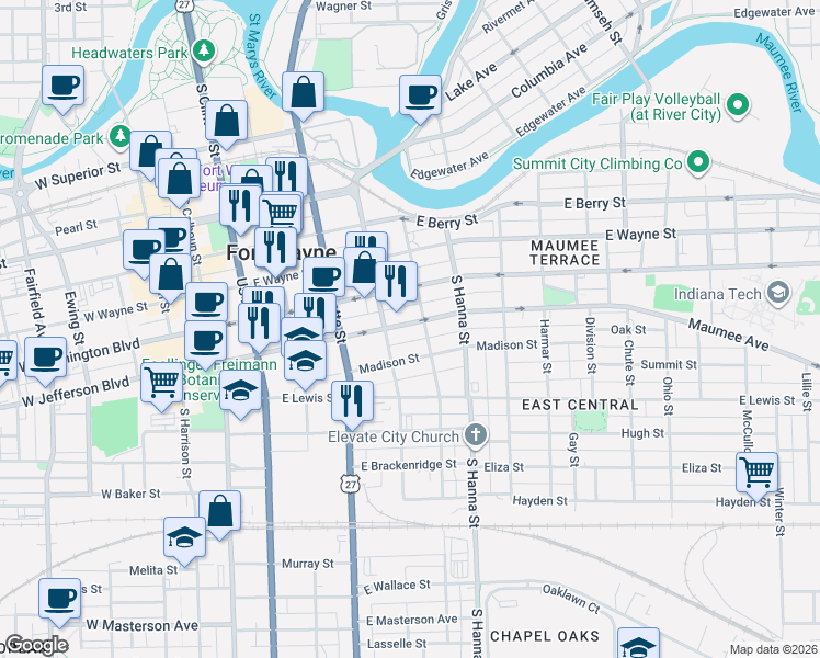 map of restaurants, bars, coffee shops, grocery stores, and more near 524 East Jefferson Boulevard in Fort Wayne