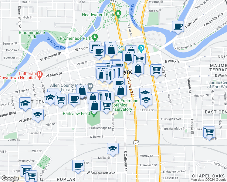 map of restaurants, bars, coffee shops, grocery stores, and more near 120 West Washington Boulevard in Fort Wayne