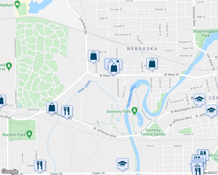 map of restaurants, bars, coffee shops, grocery stores, and more near 429 Perry Avenue in Fort Wayne