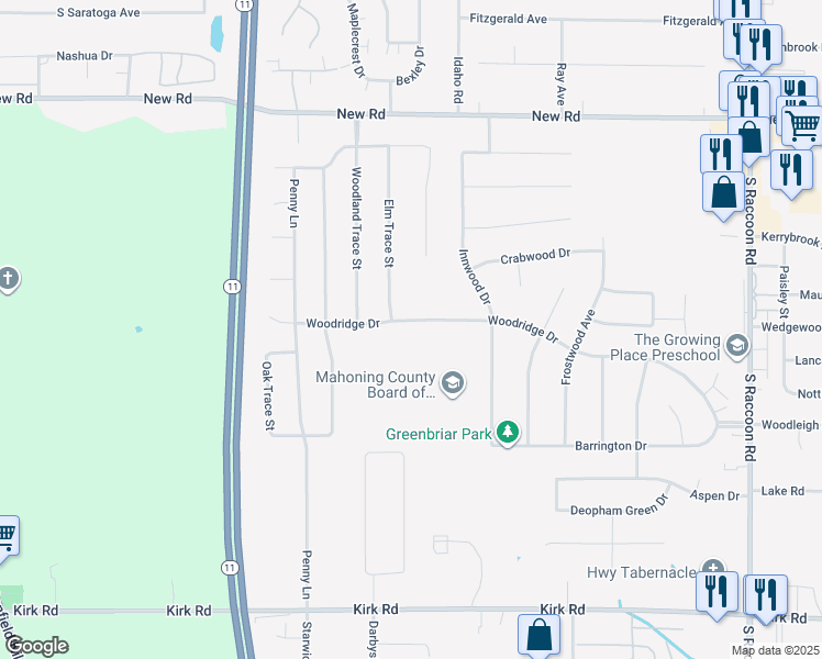 map of restaurants, bars, coffee shops, grocery stores, and more near 4841 Woodridge Drive in Youngstown