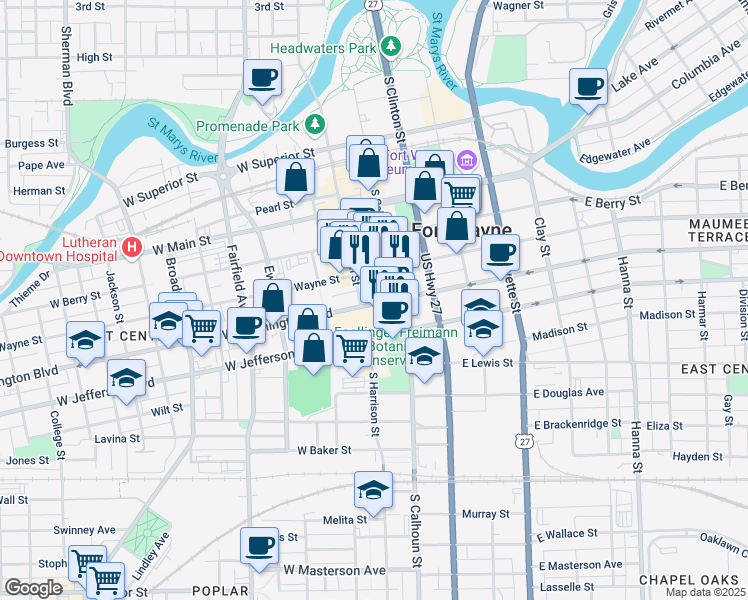 map of restaurants, bars, coffee shops, grocery stores, and more near 122 West Washington Boulevard in Fort Wayne