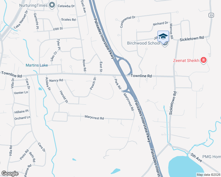 map of restaurants, bars, coffee shops, grocery stores, and more near 23 Bridge Road in Nanuet