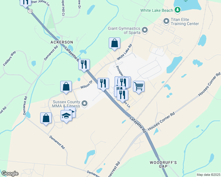 map of restaurants, bars, coffee shops, grocery stores, and more near 513 Lafayette Road in Sparta