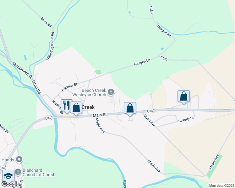 map of restaurants, bars, coffee shops, grocery stores, and more near 67 Peter's Avenue in Beech Creek