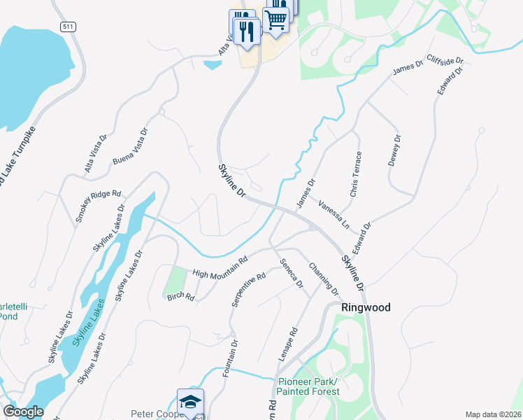 map of restaurants, bars, coffee shops, grocery stores, and more near 93 Oakwood Drive in Ringwood