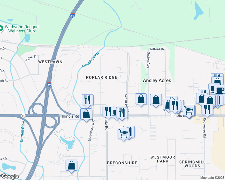 map of restaurants, bars, coffee shops, grocery stores, and more near 818 Avenue of Autos in Fort Wayne