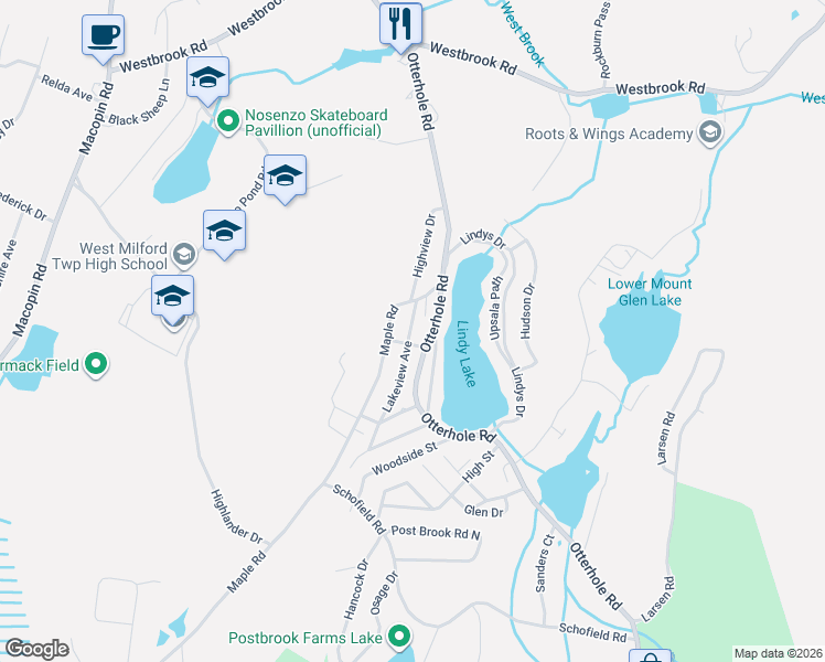 map of restaurants, bars, coffee shops, grocery stores, and more near 302 Maple Road in West Milford