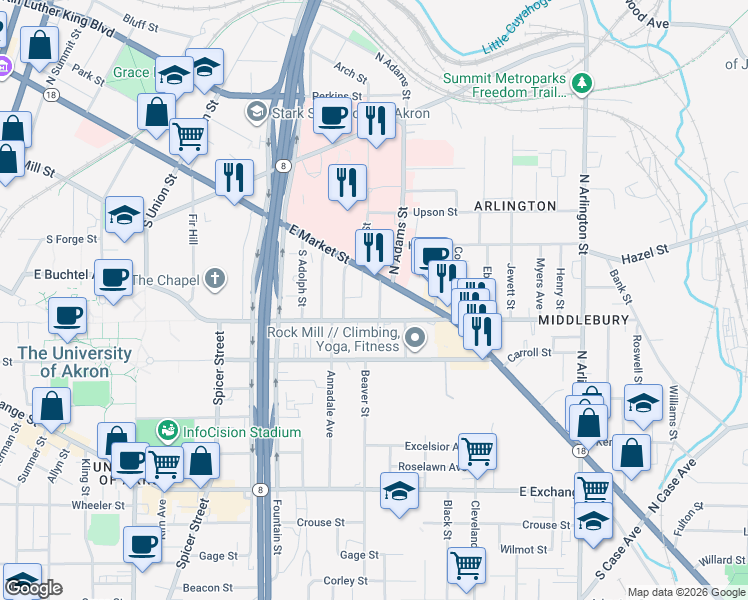 map of restaurants, bars, coffee shops, grocery stores, and more near 26 South Adams Street in Akron