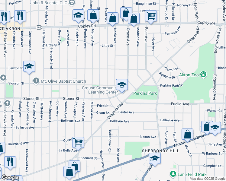 map of restaurants, bars, coffee shops, grocery stores, and more near 742 Noble Avenue in Akron