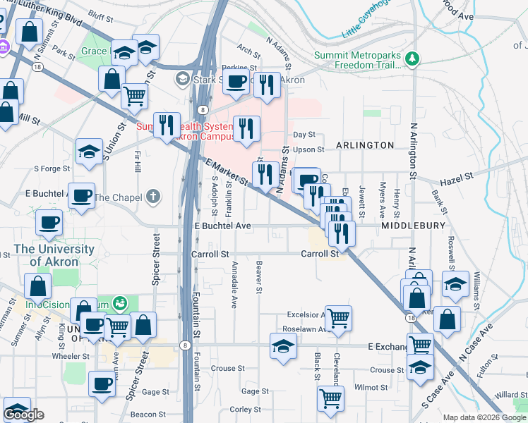 map of restaurants, bars, coffee shops, grocery stores, and more near 578 East Market Street in Akron