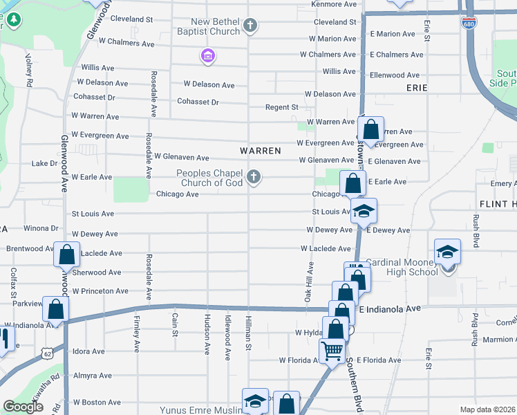 map of restaurants, bars, coffee shops, grocery stores, and more near 2216 Hillman Street in Youngstown