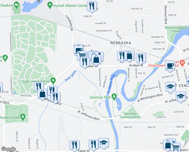 map of restaurants, bars, coffee shops, grocery stores, and more near 434 Perry Avenue in Fort Wayne