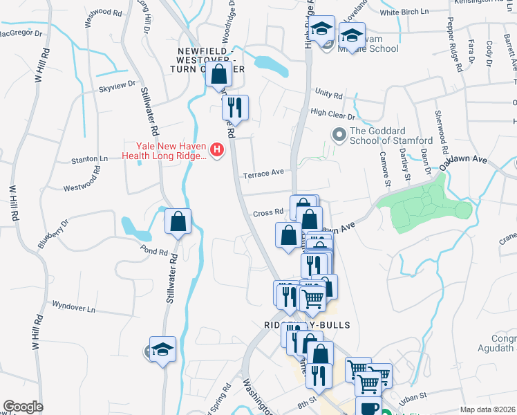 map of restaurants, bars, coffee shops, grocery stores, and more near 45 Cross Road in Stamford