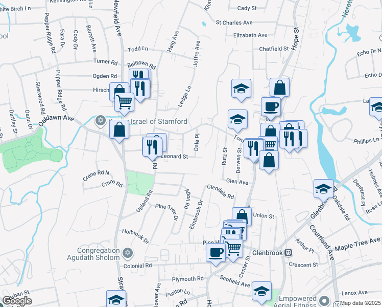 map of restaurants, bars, coffee shops, grocery stores, and more near 81 Central Street in Stamford
