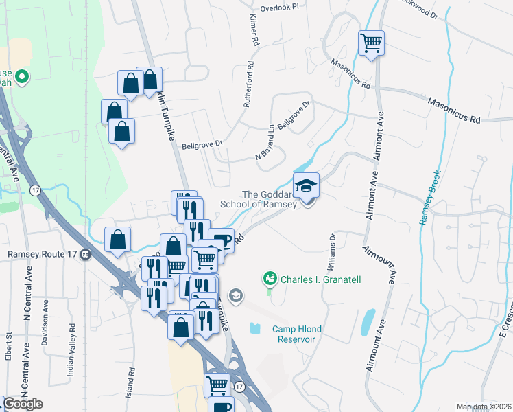 map of restaurants, bars, coffee shops, grocery stores, and more near 120 Magnolia Road in Ramsey