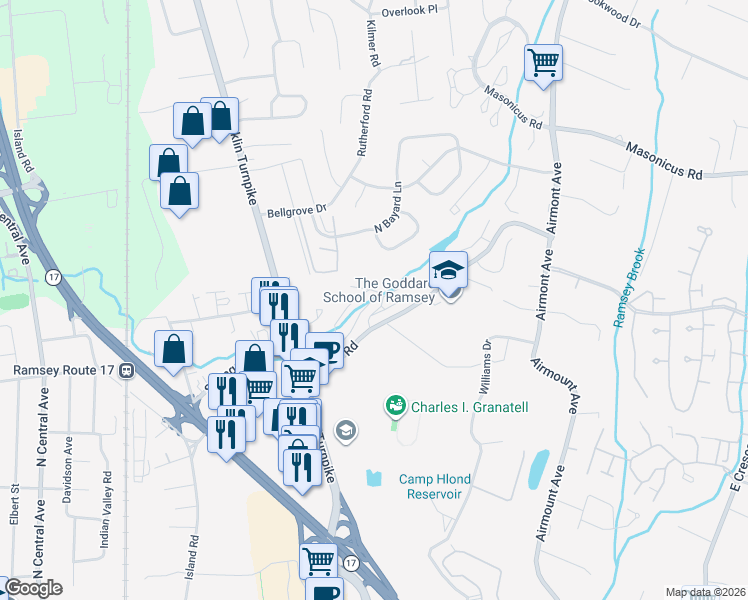 map of restaurants, bars, coffee shops, grocery stores, and more near 120 Magnolia Road in Ramsey