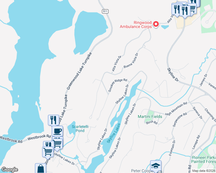 map of restaurants, bars, coffee shops, grocery stores, and more near 15 Hilltop Road in Ringwood
