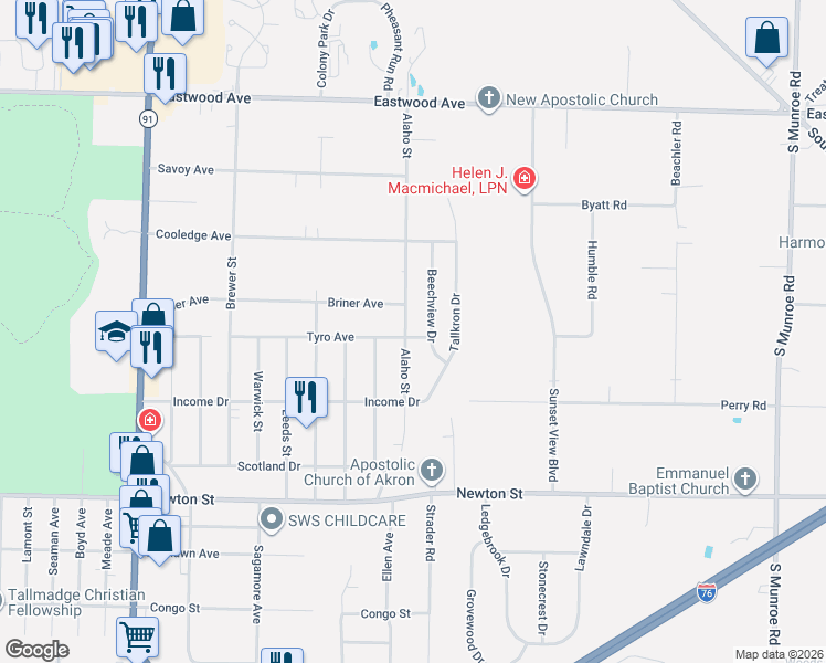 map of restaurants, bars, coffee shops, grocery stores, and more near 518 Alaho Street in Akron