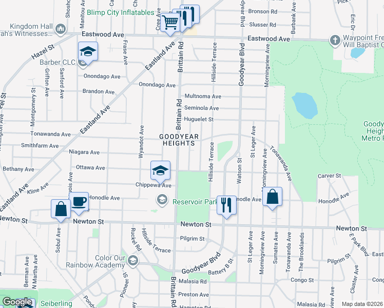 map of restaurants, bars, coffee shops, grocery stores, and more near in Akron