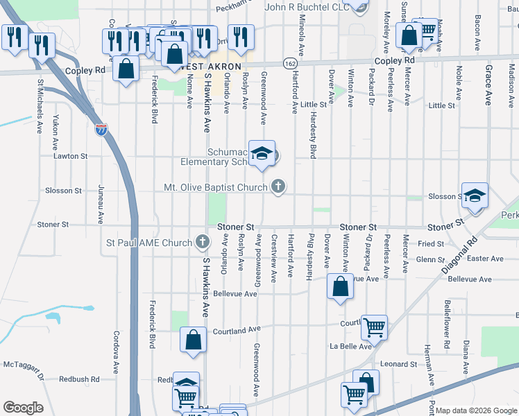 map of restaurants, bars, coffee shops, grocery stores, and more near 1129 Roslyn Avenue in Akron