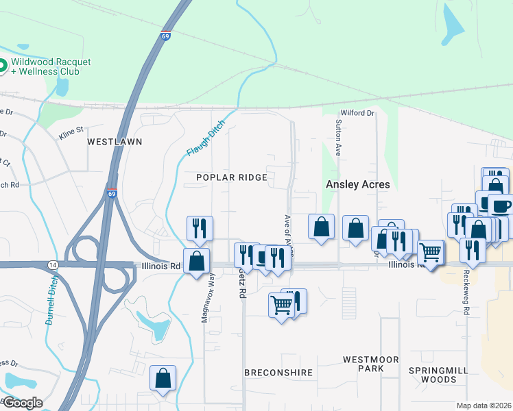 map of restaurants, bars, coffee shops, grocery stores, and more near 818 Avenue of Autos in Fort Wayne