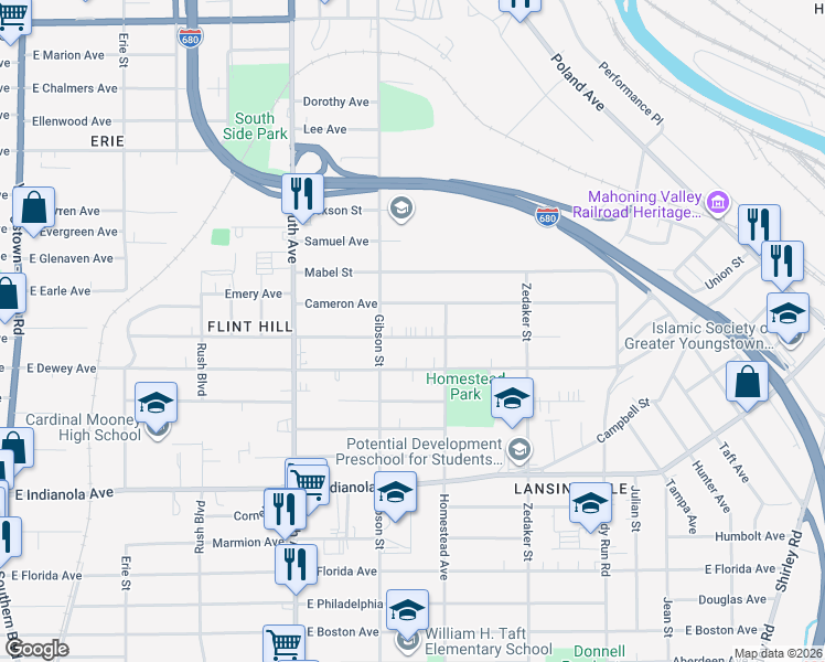 map of restaurants, bars, coffee shops, grocery stores, and more near 724 Pasadena Avenue in Youngstown