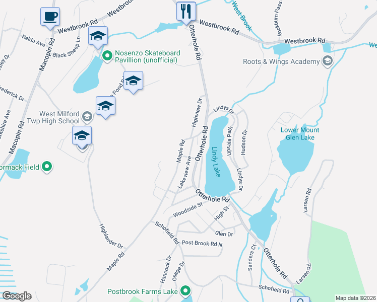 map of restaurants, bars, coffee shops, grocery stores, and more near 53 Lakeview Avenue in West Milford