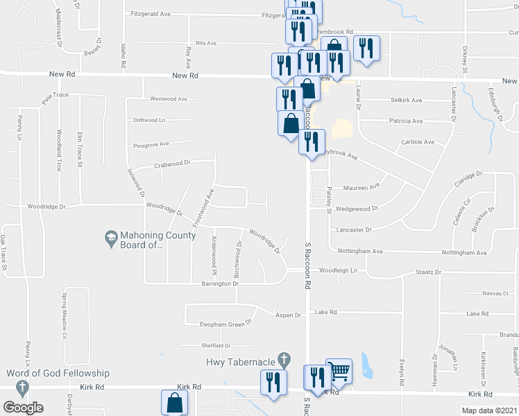 map of restaurants, bars, coffee shops, grocery stores, and more near 2276 Sprucewood Court in Youngstown