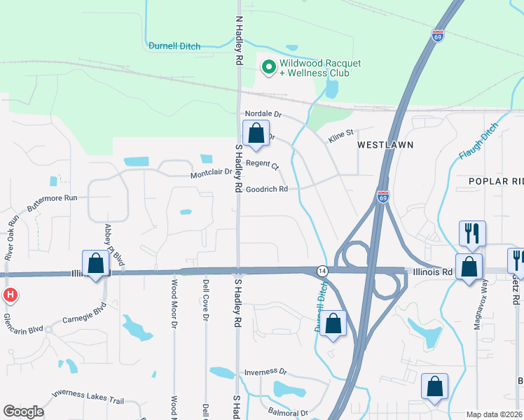 map of restaurants, bars, coffee shops, grocery stores, and more near 6938 Westlawn Drive in Fort Wayne