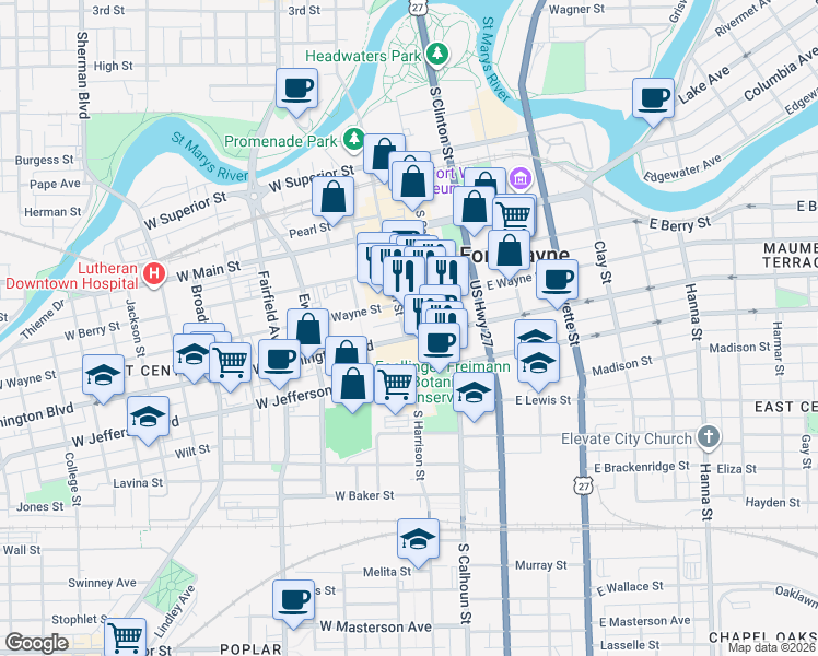 map of restaurants, bars, coffee shops, grocery stores, and more near 120 West Washington Boulevard in Fort Wayne