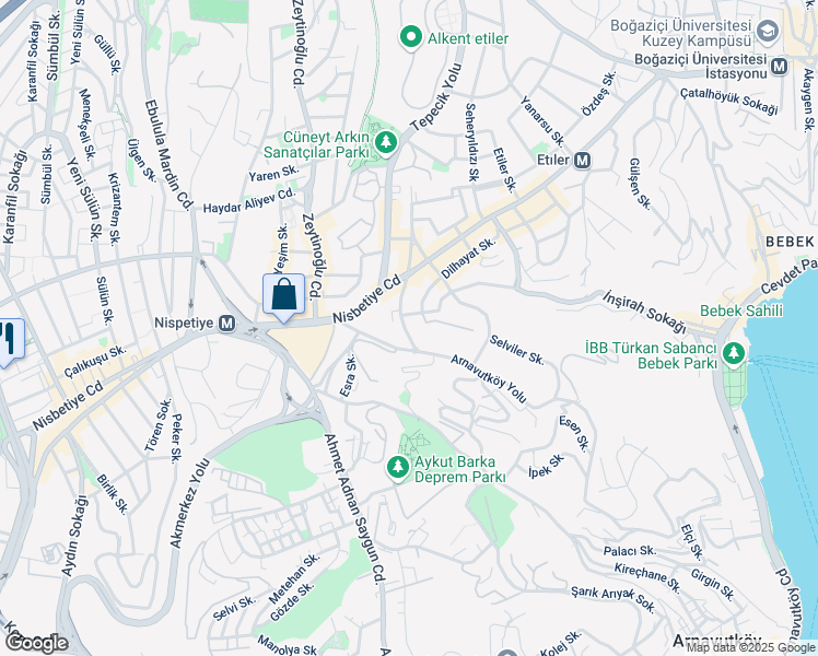 map of restaurants, bars, coffee shops, grocery stores, and more near 13 Tanburi Ali Efendi Sokak in Beşiktaş