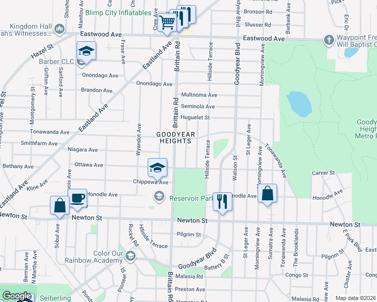 map of restaurants, bars, coffee shops, grocery stores, and more near in Akron