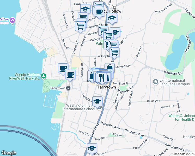 map of restaurants, bars, coffee shops, grocery stores, and more near 15 North Washington Street in Tarrytown