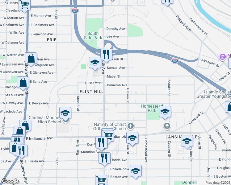 map of restaurants, bars, coffee shops, grocery stores, and more near 602 Pasadena Avenue in Youngstown