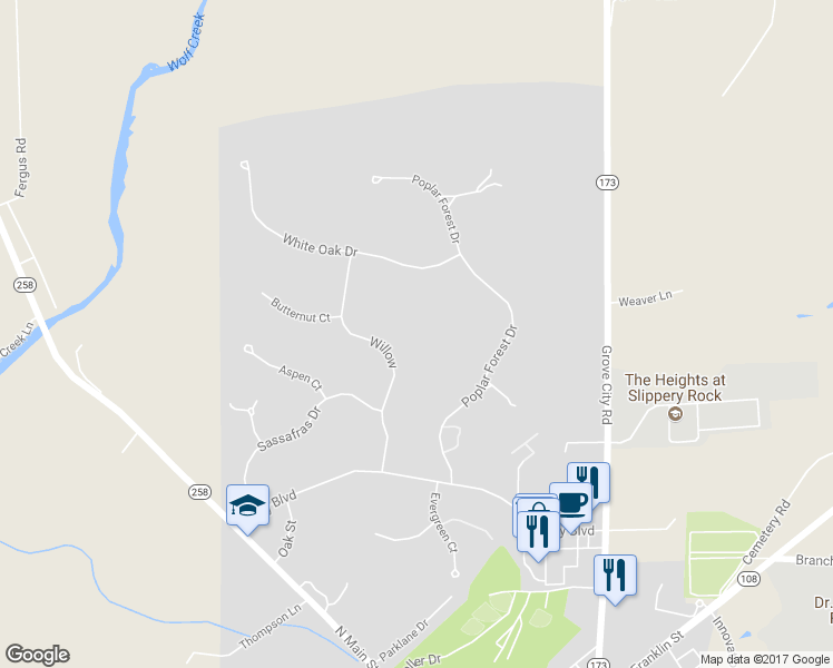 map of restaurants, bars, coffee shops, grocery stores, and more near 112 Willow Drive in Slippery Rock