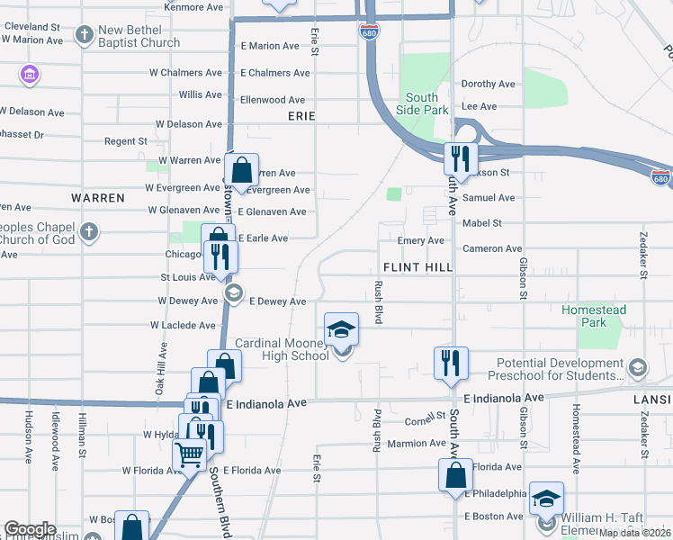 map of restaurants, bars, coffee shops, grocery stores, and more near 220 Pasadena Avenue in Youngstown
