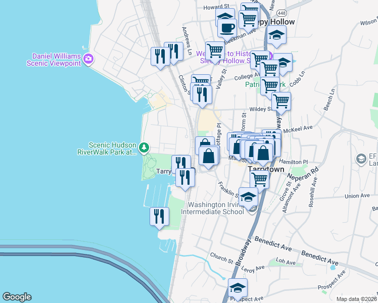 map of restaurants, bars, coffee shops, grocery stores, and more near 163 West Main Street in Tarrytown