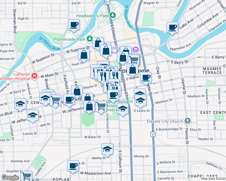 map of restaurants, bars, coffee shops, grocery stores, and more near 112 West Washington Boulevard in Fort Wayne
