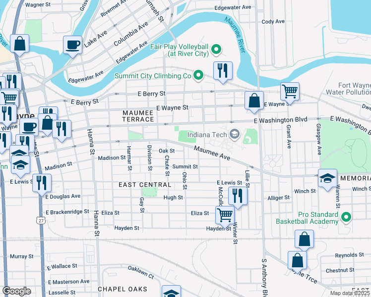 map of restaurants, bars, coffee shops, grocery stores, and more near 1232 Maumee Avenue in Fort Wayne