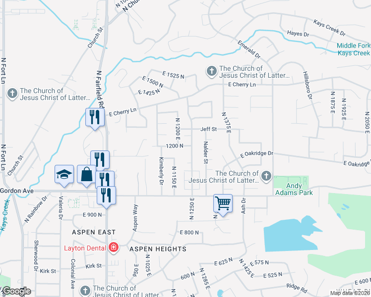map of restaurants, bars, coffee shops, grocery stores, and more near 1242 East 1200 North Street in Layton