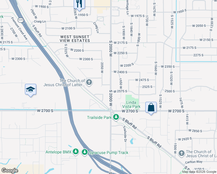 map of restaurants, bars, coffee shops, grocery stores, and more near 2518 South 2000 West in Syracuse