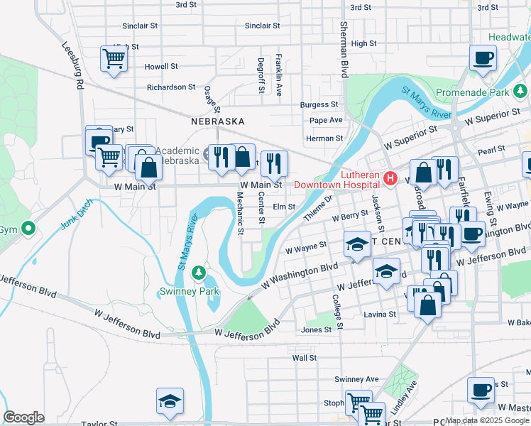map of restaurants, bars, coffee shops, grocery stores, and more near 1237 Elm Street in Fort Wayne