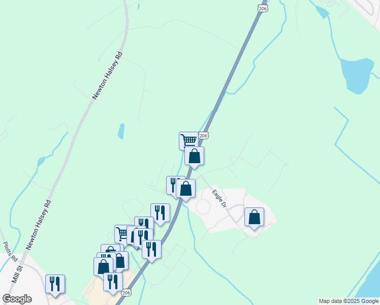 map of restaurants, bars, coffee shops, grocery stores, and more near 49 U.S. 206 in Newton
