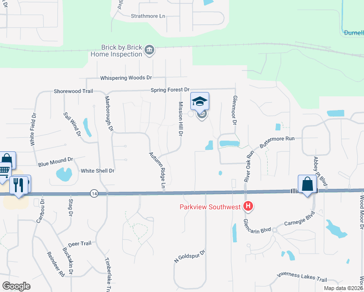 map of restaurants, bars, coffee shops, grocery stores, and more near 622 Mission Hill Drive in Fort Wayne