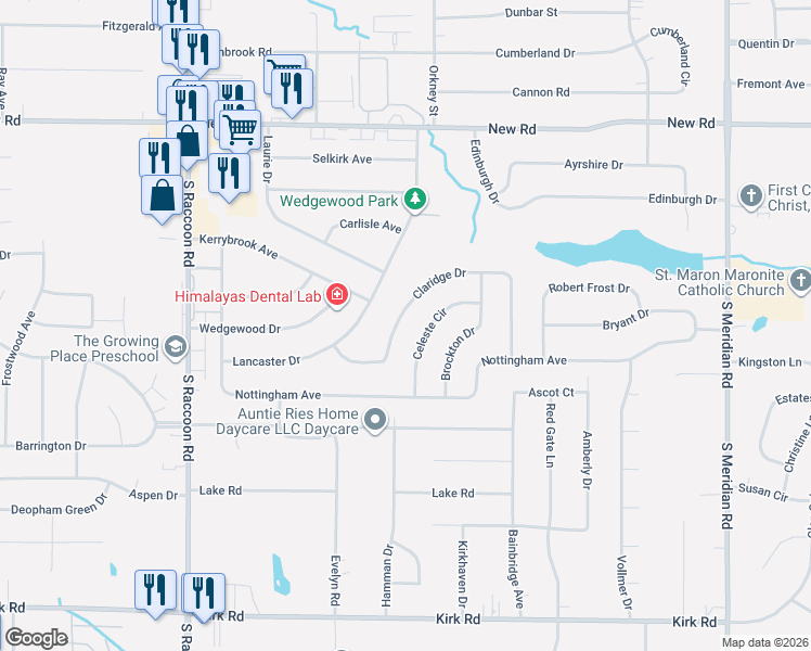 map of restaurants, bars, coffee shops, grocery stores, and more near 4185 Claridge Drive in Youngstown