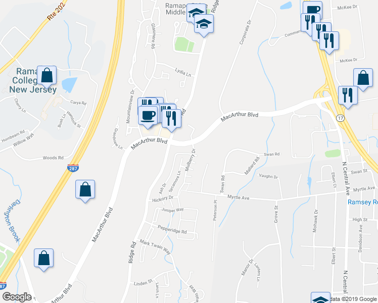 map of restaurants, bars, coffee shops, grocery stores, and more near 1090 Ash Drive in Mahwah