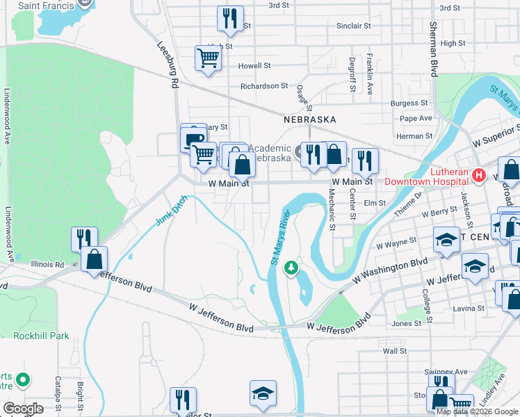 map of restaurants, bars, coffee shops, grocery stores, and more near 1715 Illinois Street in Fort Wayne