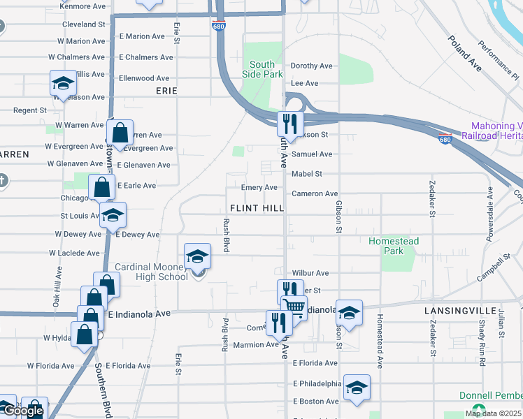 map of restaurants, bars, coffee shops, grocery stores, and more near 426 Pasadena Avenue in Youngstown
