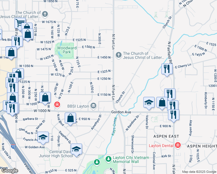 map of restaurants, bars, coffee shops, grocery stores, and more near 1202 North 350 East in Layton